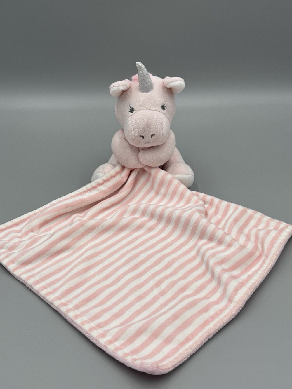 Unicorn Baby Security Blanket Lovey Pink White Stripes Plush